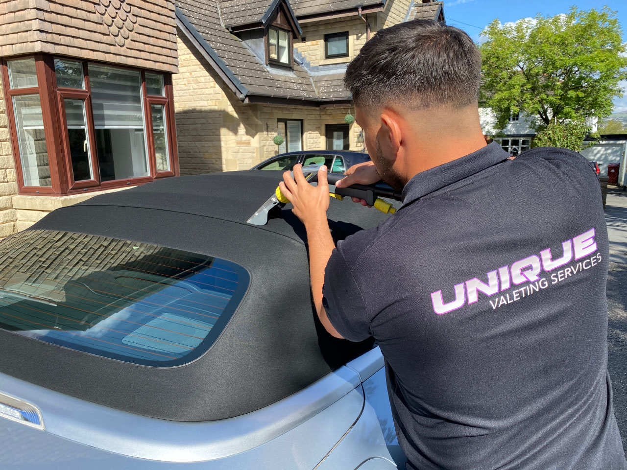 Car valet at home including convertible roof clean and protect